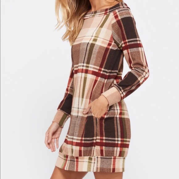 Taupe Plaid long Sleeve Dress - Picture 4 of 6